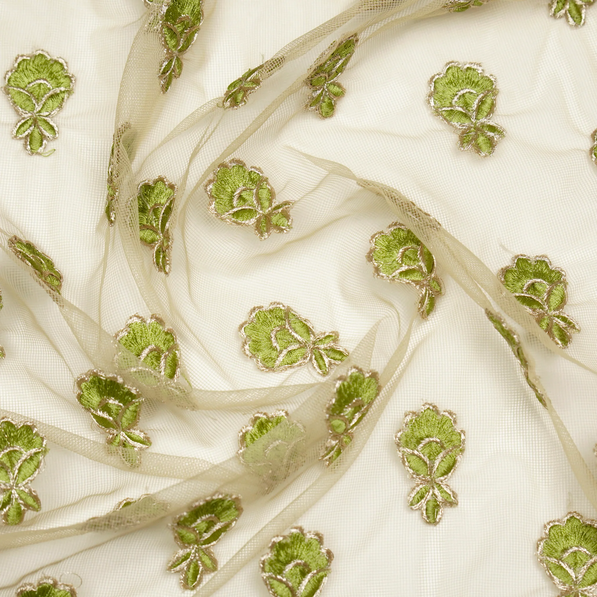 Lylah Ivory/Pista Nylon Net Embroidered Fabric in Buti In Lines Pattern - Image 4