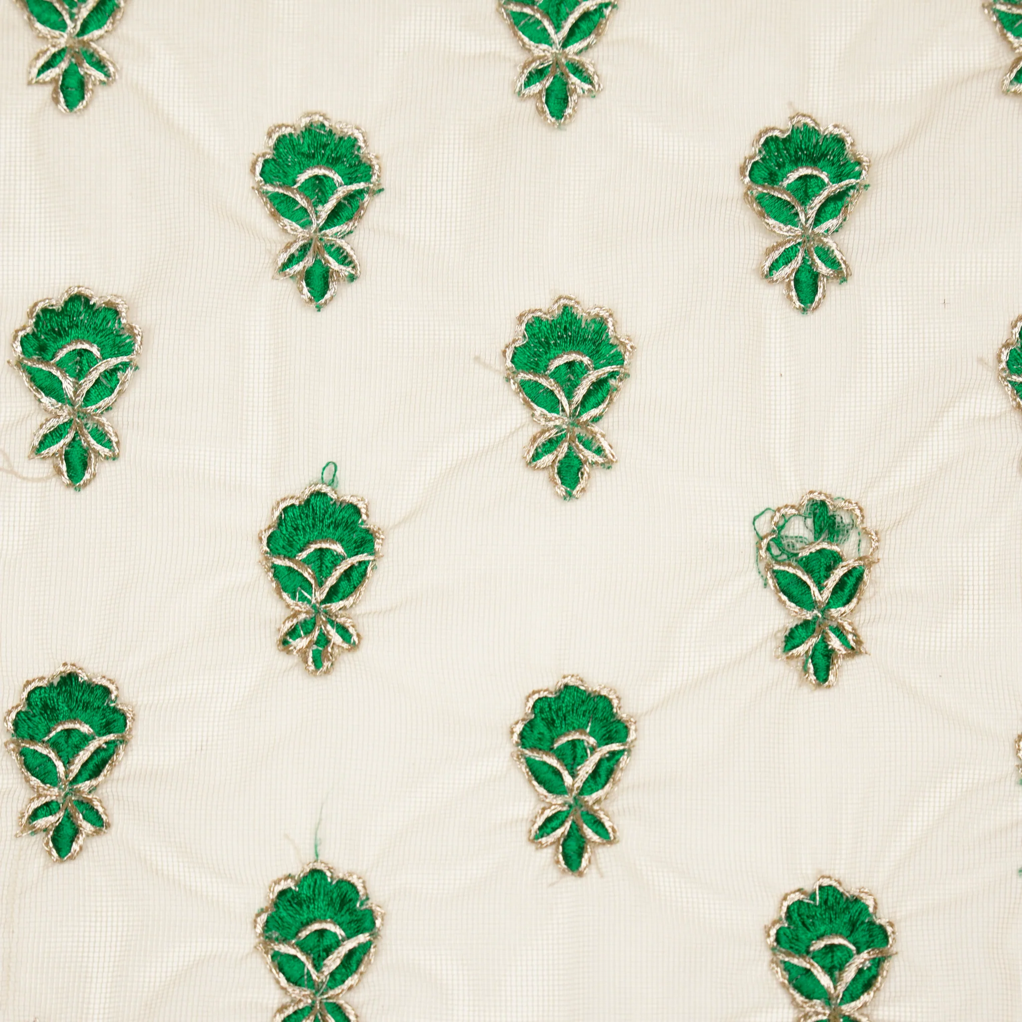 Lylah Ivory/Teal Nylon Net Embroidered Fabric in Buti In Lines Pattern - Image 3