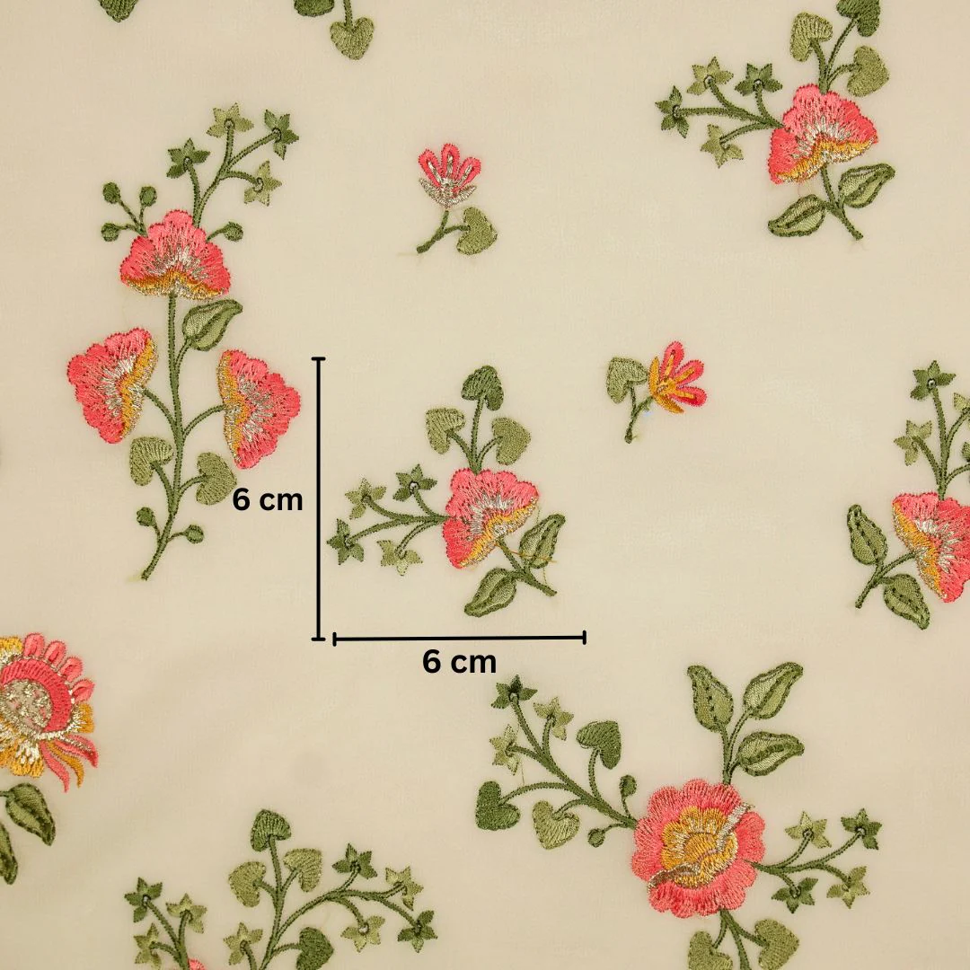 Maitri Floral Cream Viscose Georgette Embroidered Fabric in Jaal Pattern - Image 5