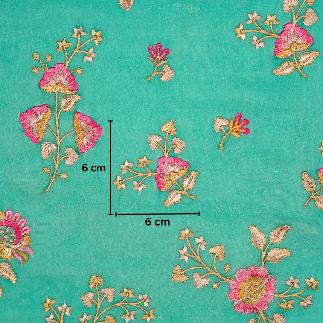 Maitri Floral Deep Turquoise Viscose Georgette Embroidered Fabric in Jaal Pattern - Image 5