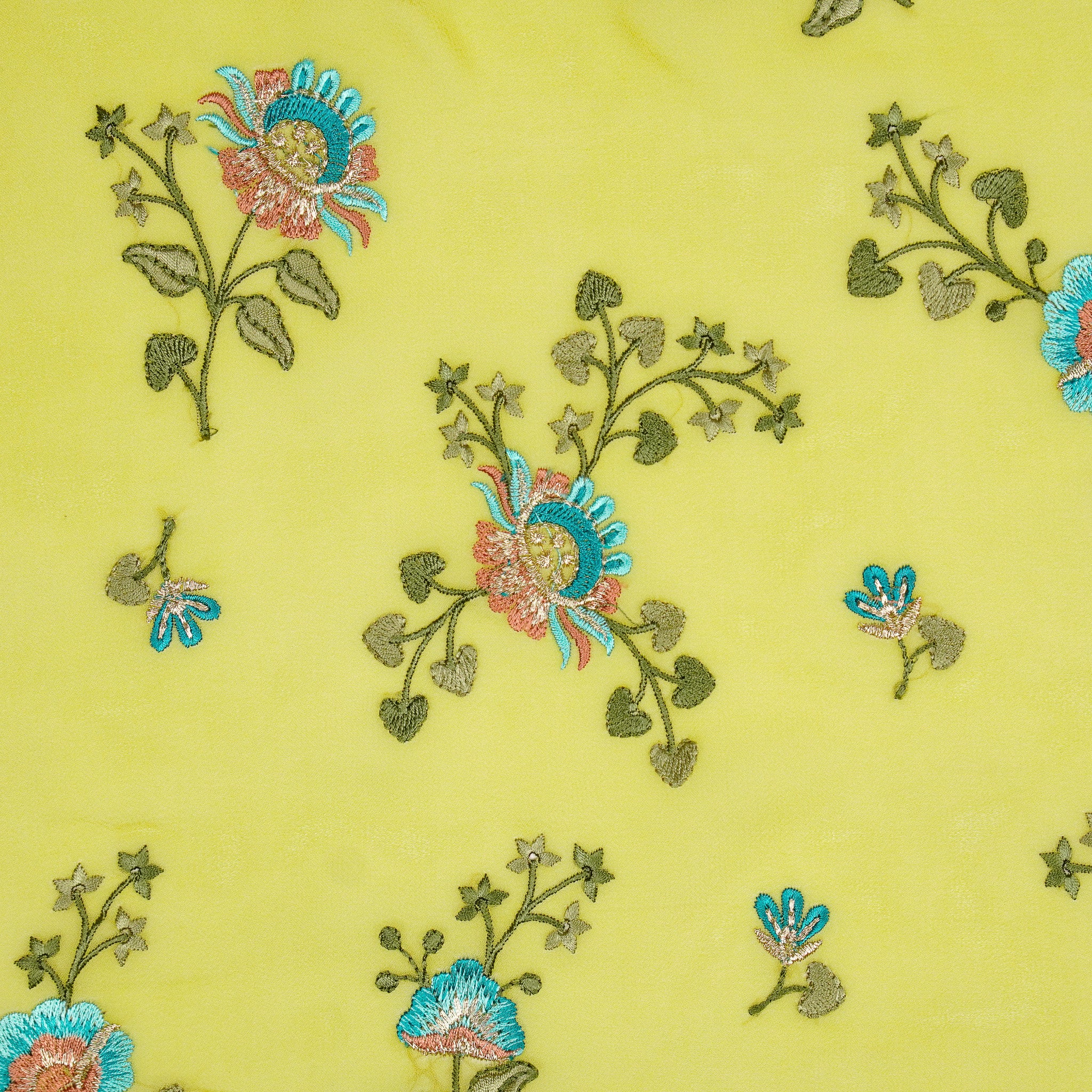 Maitri Floral Lime Viscose Georgette Embroidered Fabric in Jaal Pattern - Image 3