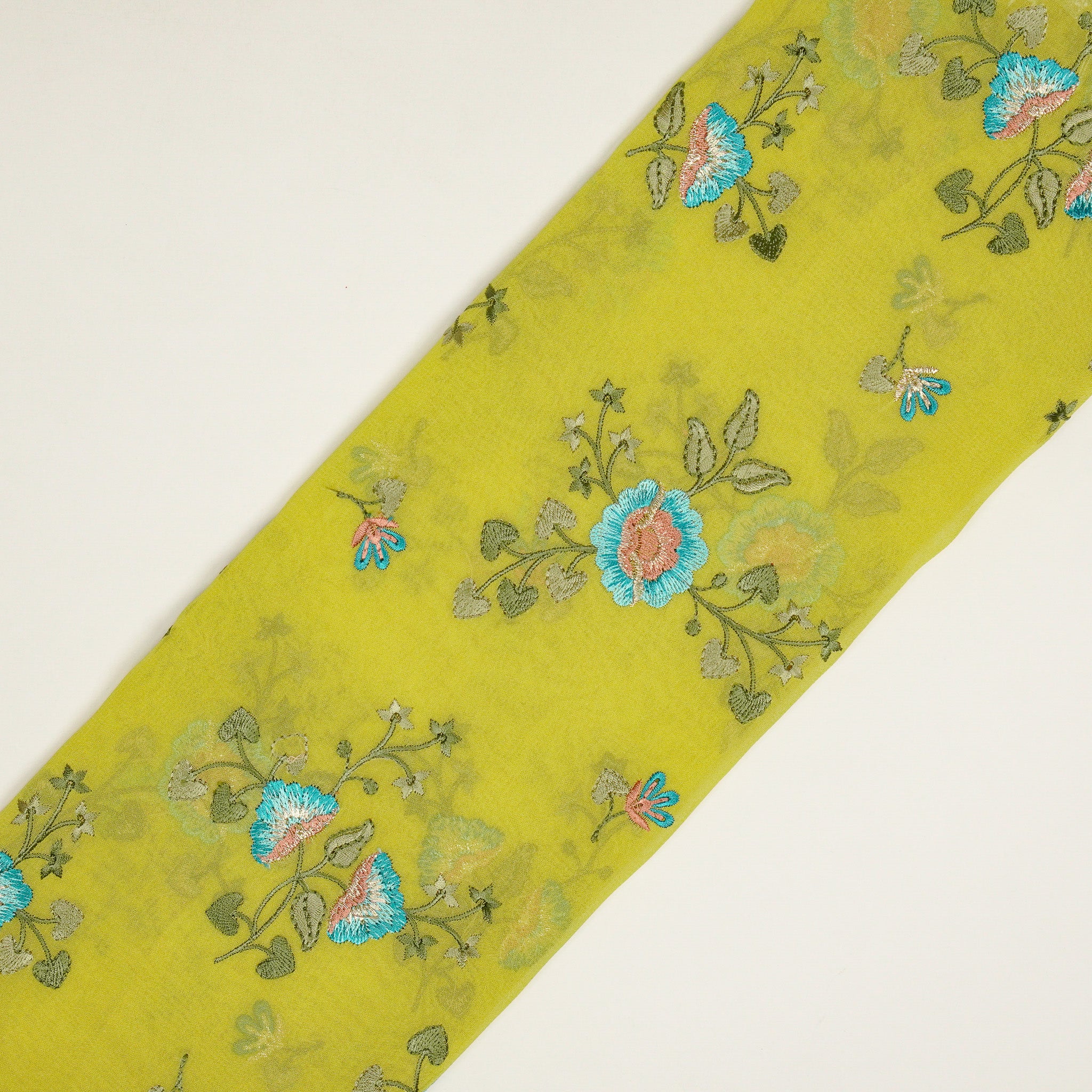 Maitri Floral Lime Viscose Georgette Embroidered Fabric in Jaal Pattern - Image 4
