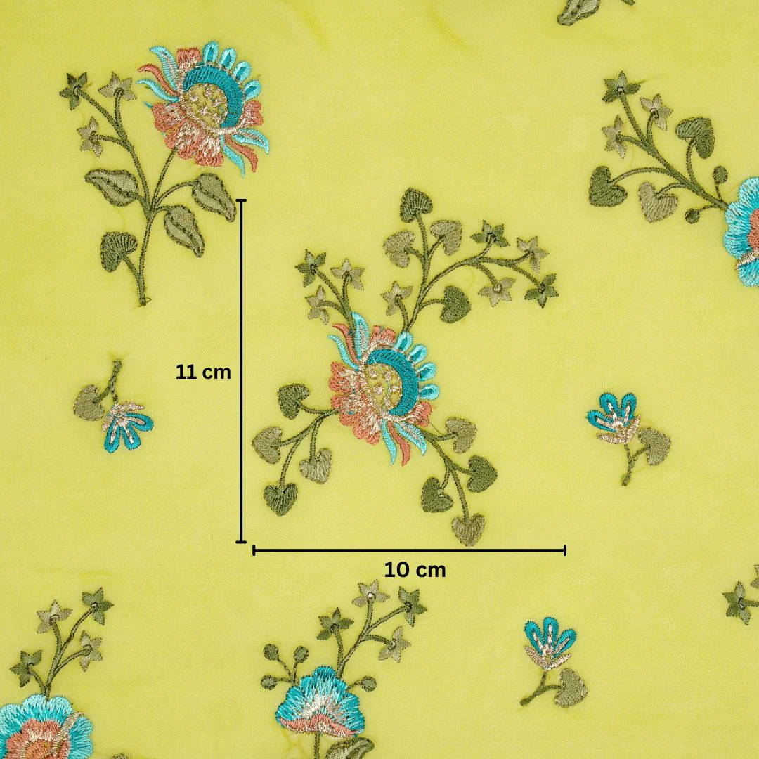 Maitri Floral Lime Viscose Georgette Embroidered Fabric in Jaal Pattern - Image 5