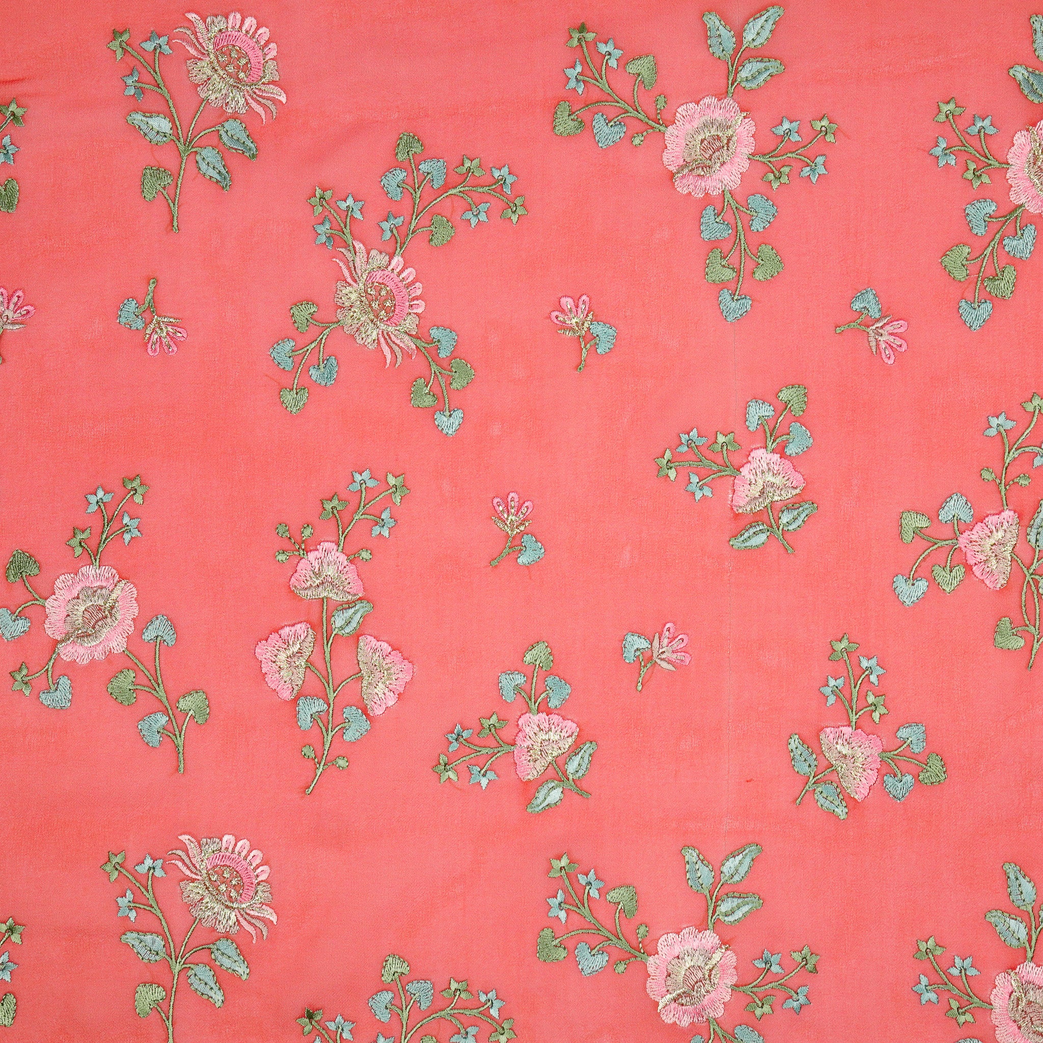 Maitri Floral Tomato Red Viscose Georgette Embroidered Fabric in Jaal Pattern - Image 2