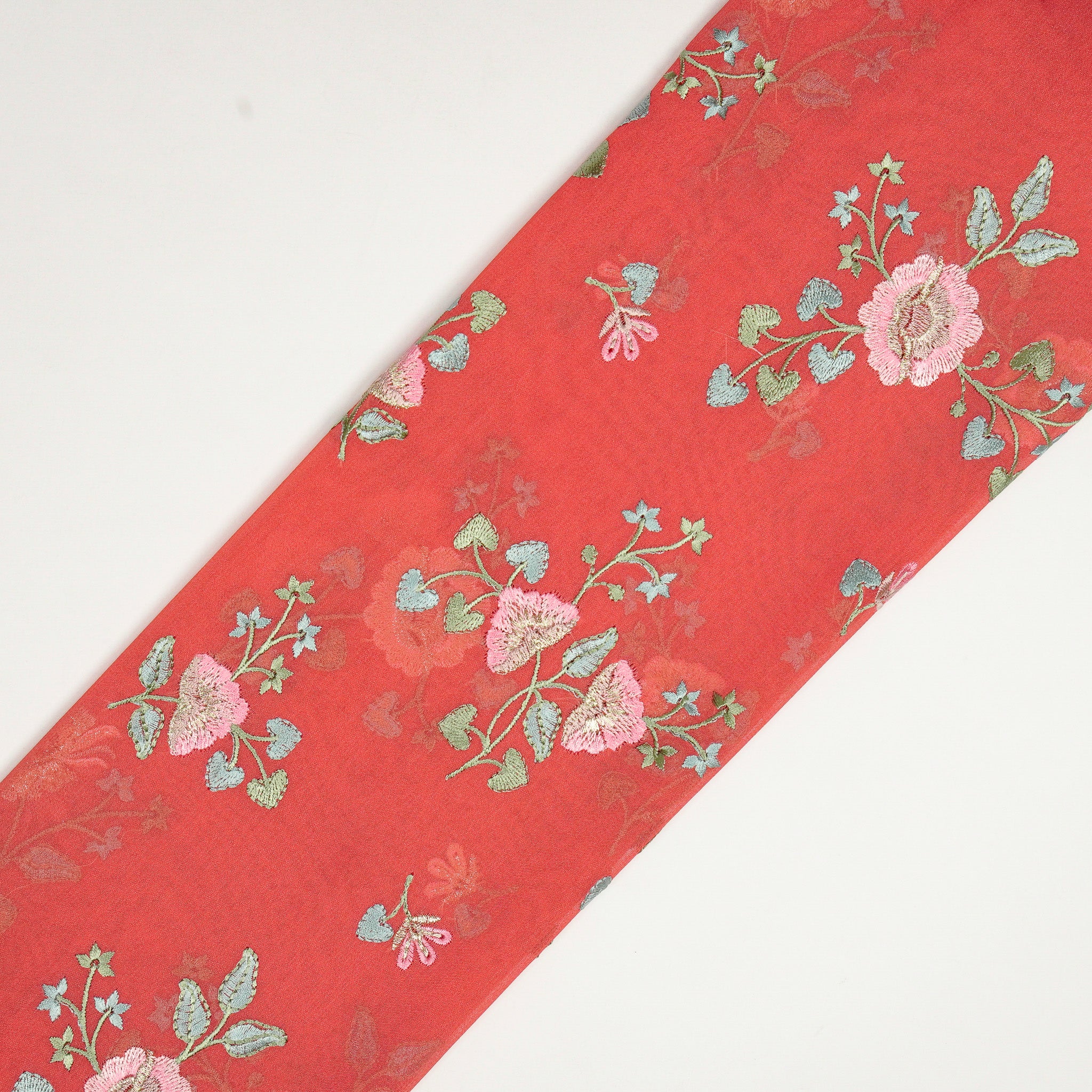 Maitri Floral Tomato Red Viscose Georgette Embroidered Fabric in Jaal Pattern - Image 4