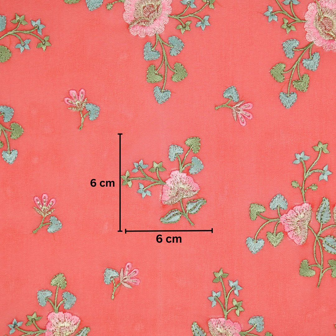 Maitri Floral Tomato Red Viscose Georgette Embroidered Fabric in Jaal Pattern - Image 5