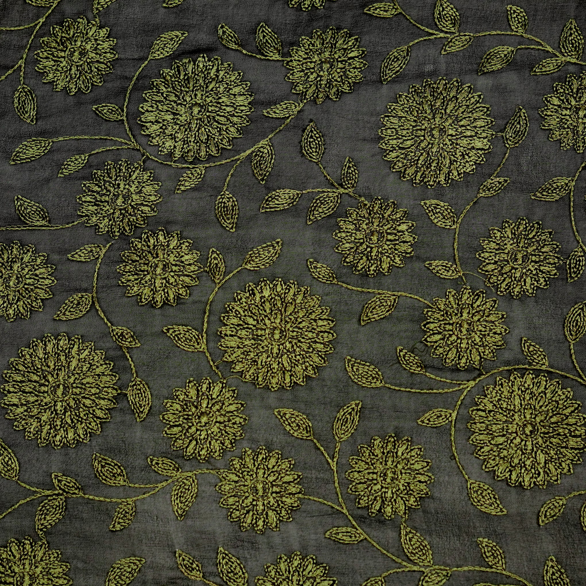 Manjari Black/Moss Green Viscose Georgette Embroidered Fabric in Jaal Pattern - Image 2