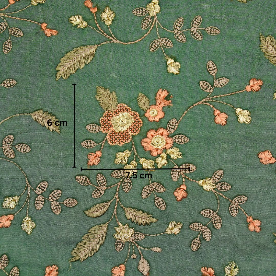 Mishfah Bottle Green Viscose Georgette Embroidered Fabric in Jaal Pattern - Image 5