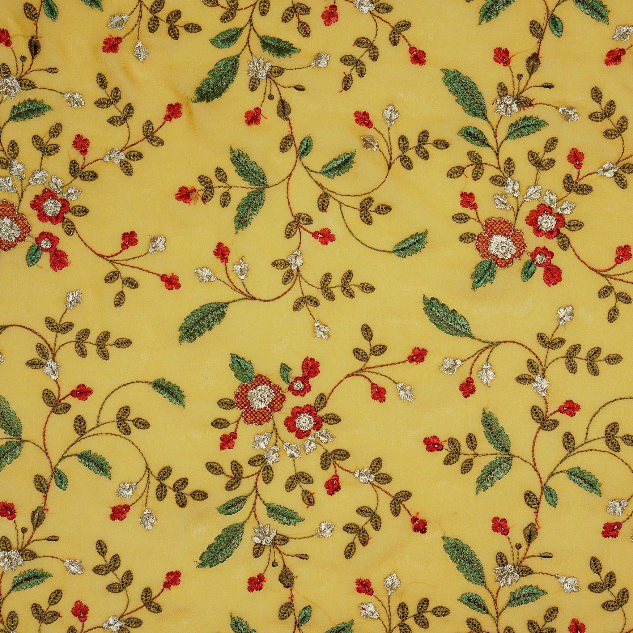 Mishfah Mustard Viscose Georgette Embroidered Fabric in Jaal Pattern - Image 2