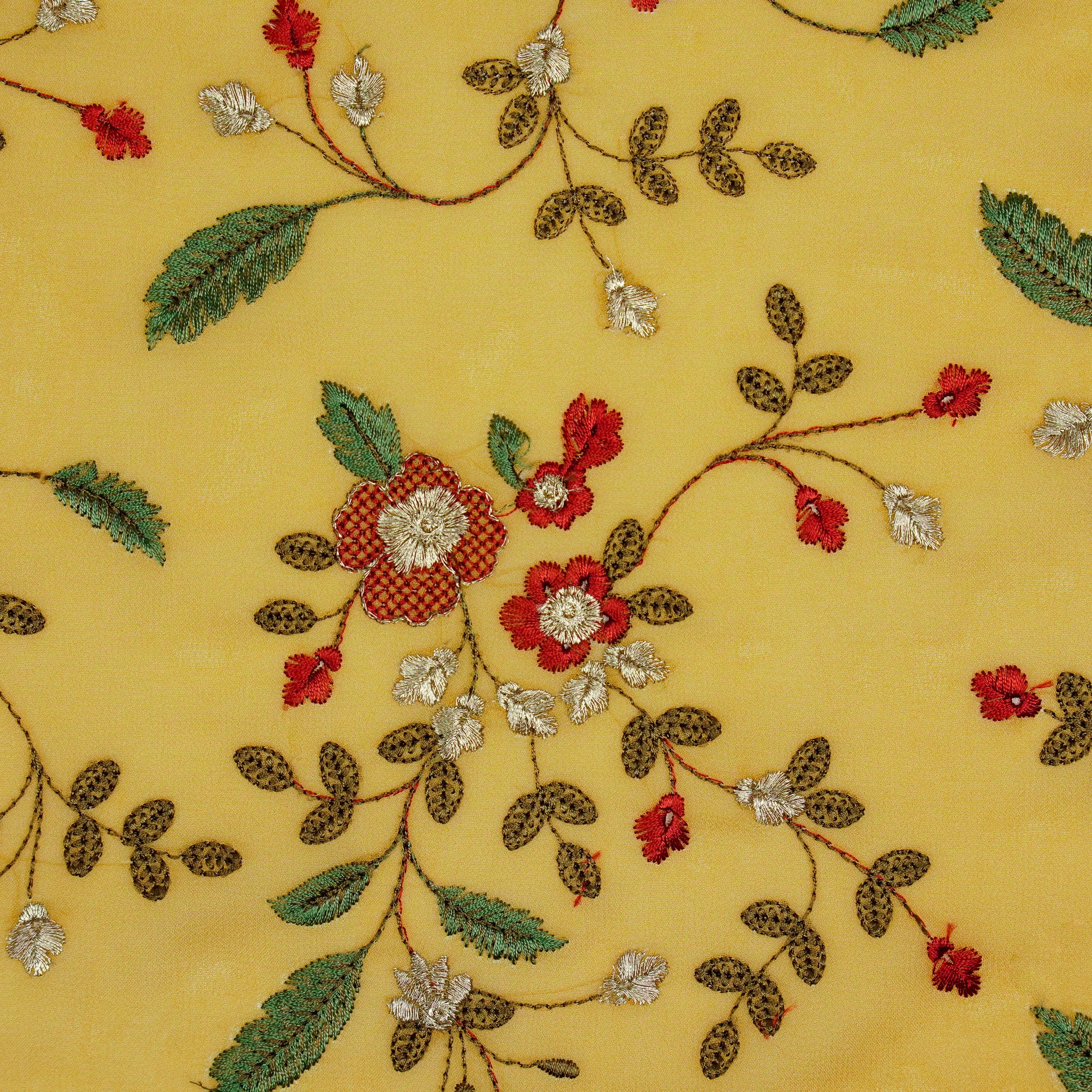 Mishfah Mustard Viscose Georgette Embroidered Fabric in Jaal Pattern - Image 3