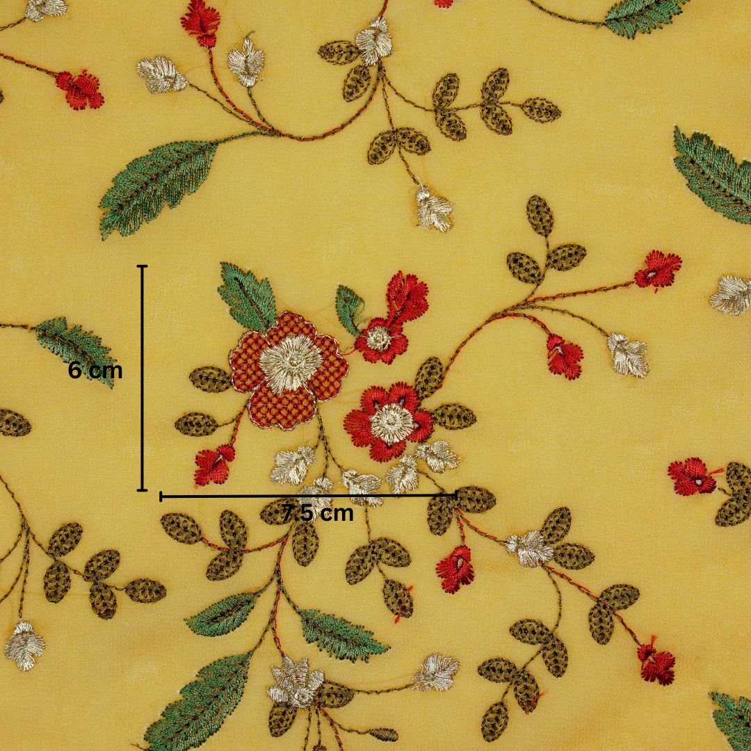 Mishfah Mustard Viscose Georgette Embroidered Fabric in Jaal Pattern - Image 5