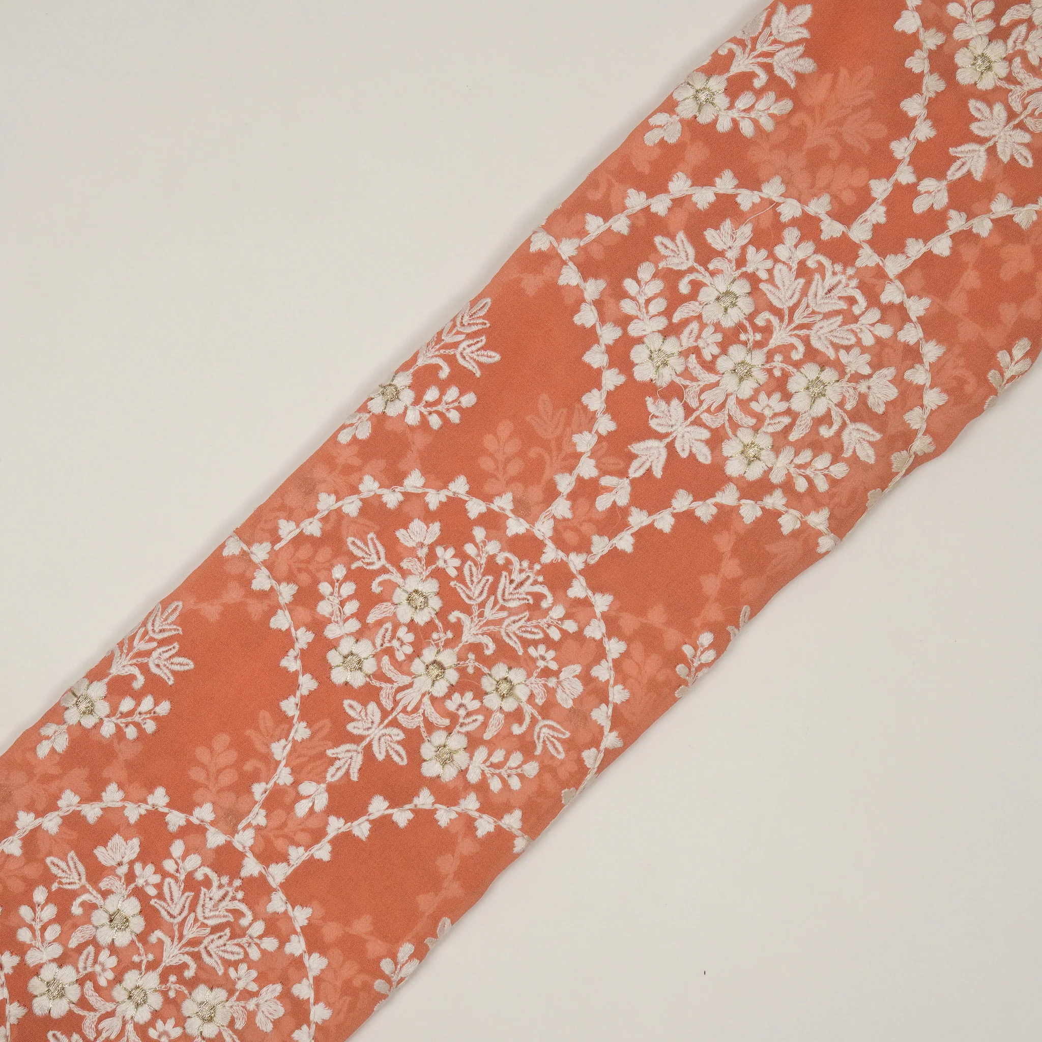 Mritsa Peach Viscose Georgette Embroidered Fabric in Jaal Pattern - Image 4