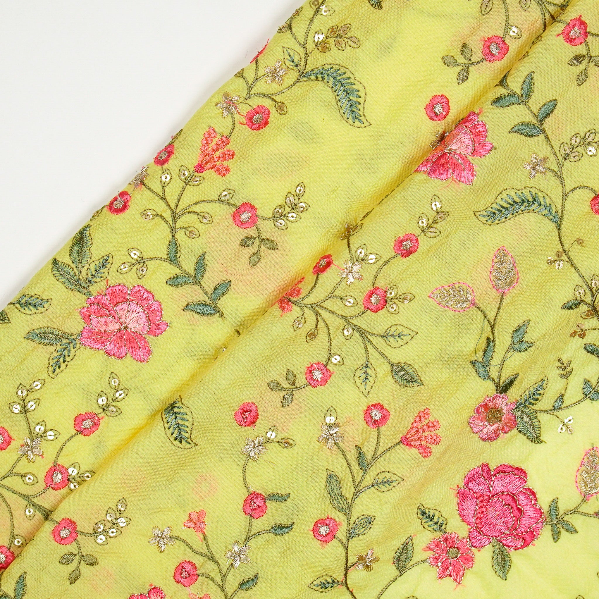 Nagma Chrome Yellow Chanderi Embroidered Fabric in Jaal Pattern