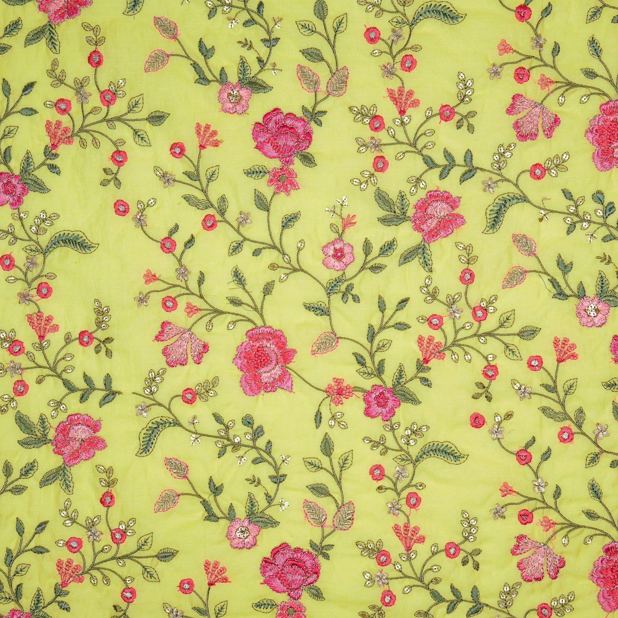 Nagma Chrome Yellow Chanderi Embroidered Fabric in Jaal Pattern - Image 2