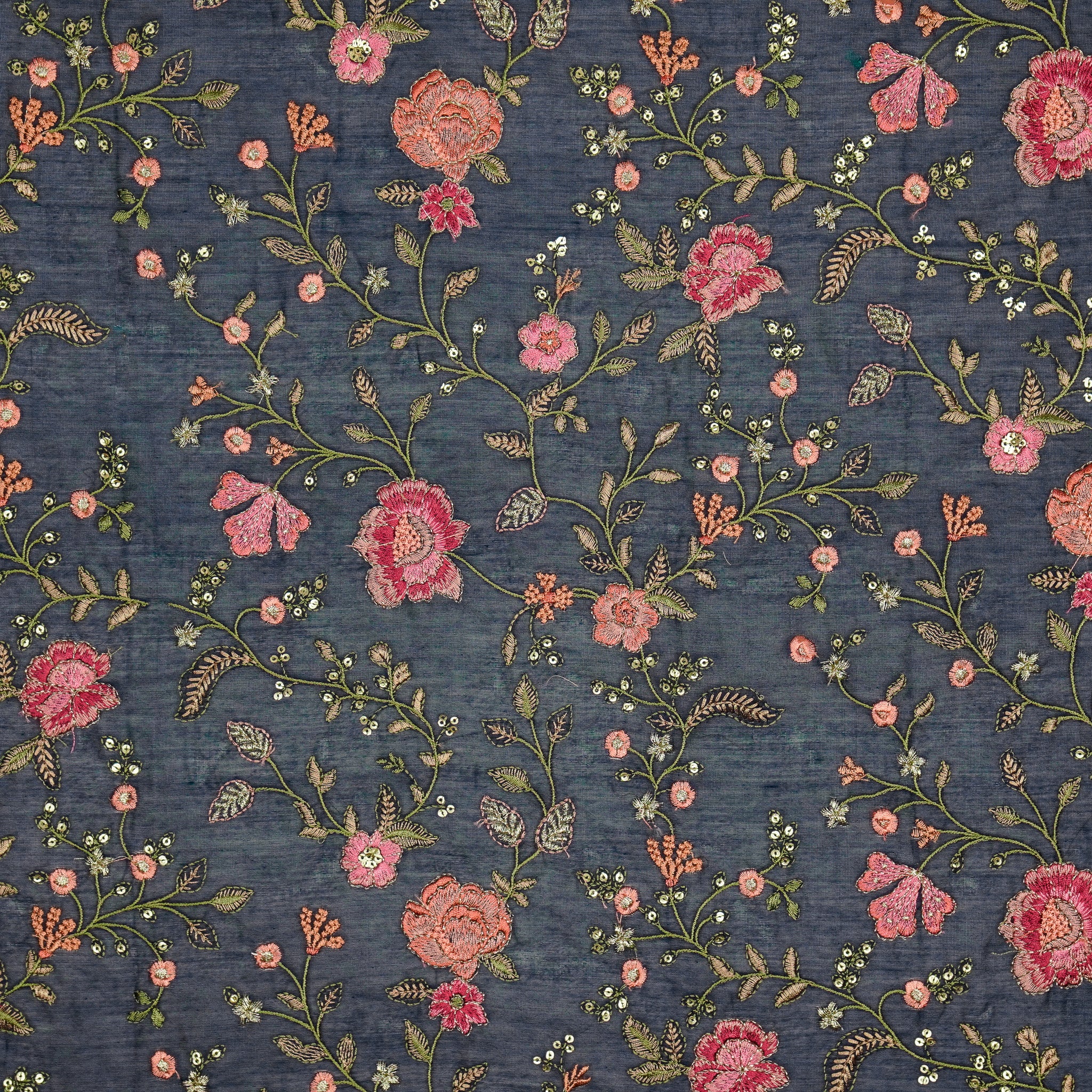 Nagma Navy Blue Chanderi Embroidered Fabric in Jaal Pattern - Image 2