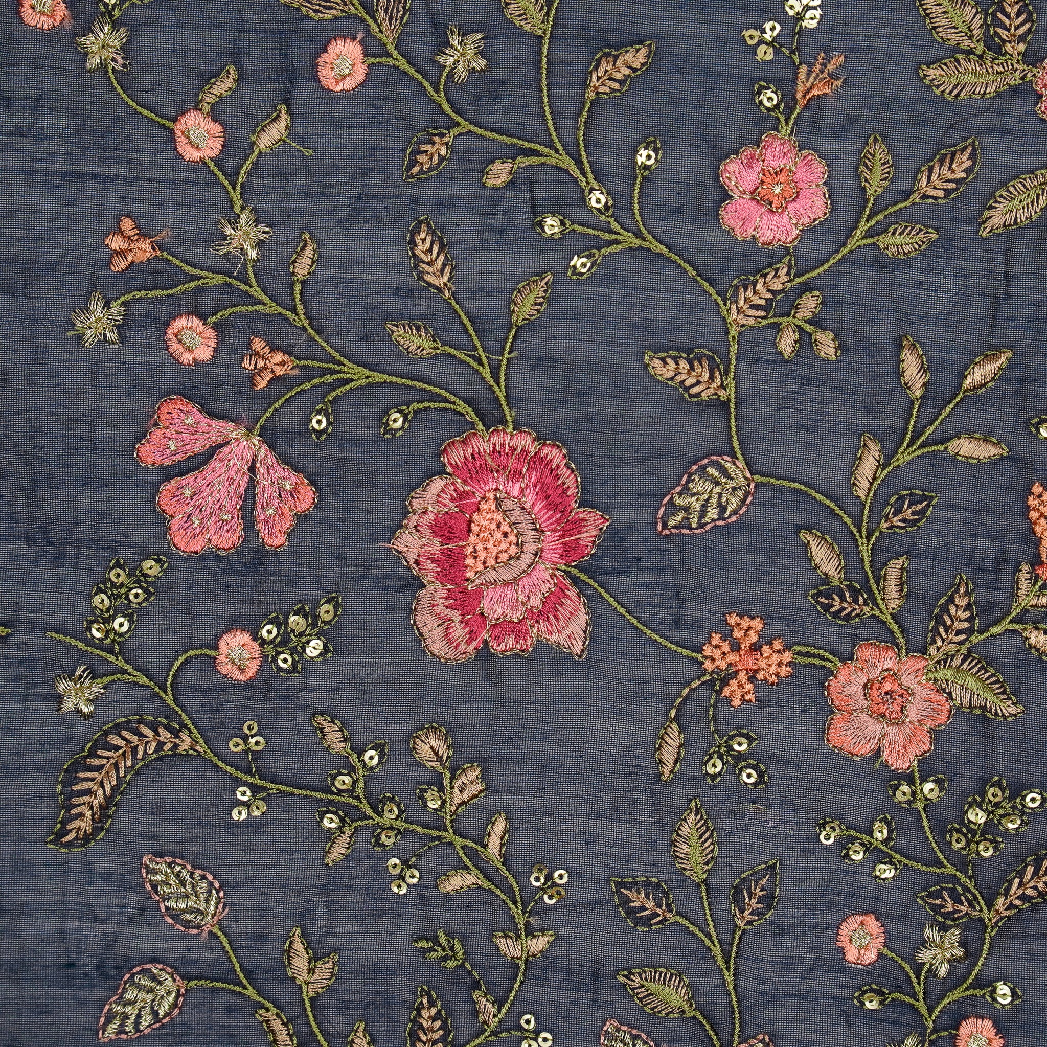Nagma Navy Blue Chanderi Embroidered Fabric in Jaal Pattern - Image 3