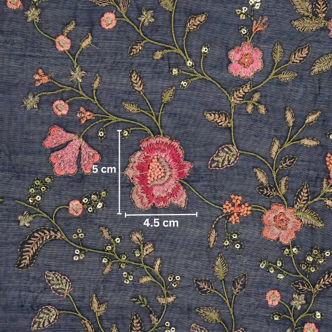 Nagma Navy Blue Chanderi Embroidered Fabric in Jaal Pattern - Image 5