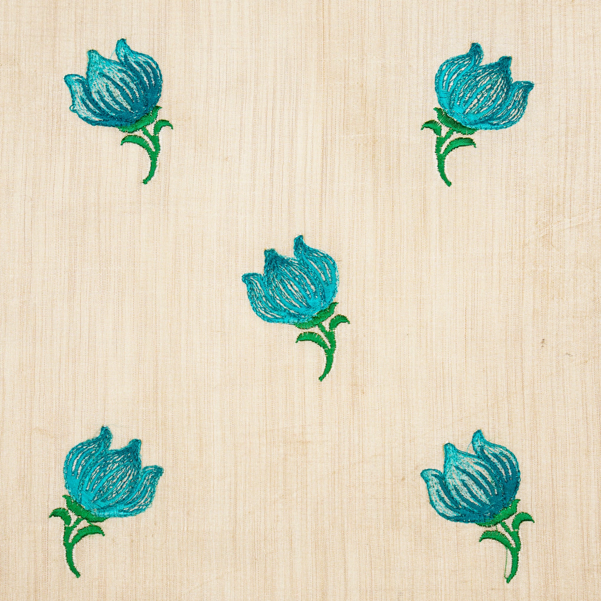 Naim Natural/Aqua Viscose Raw Silk Embroidered Fabric in Buta Pattern - Image 3