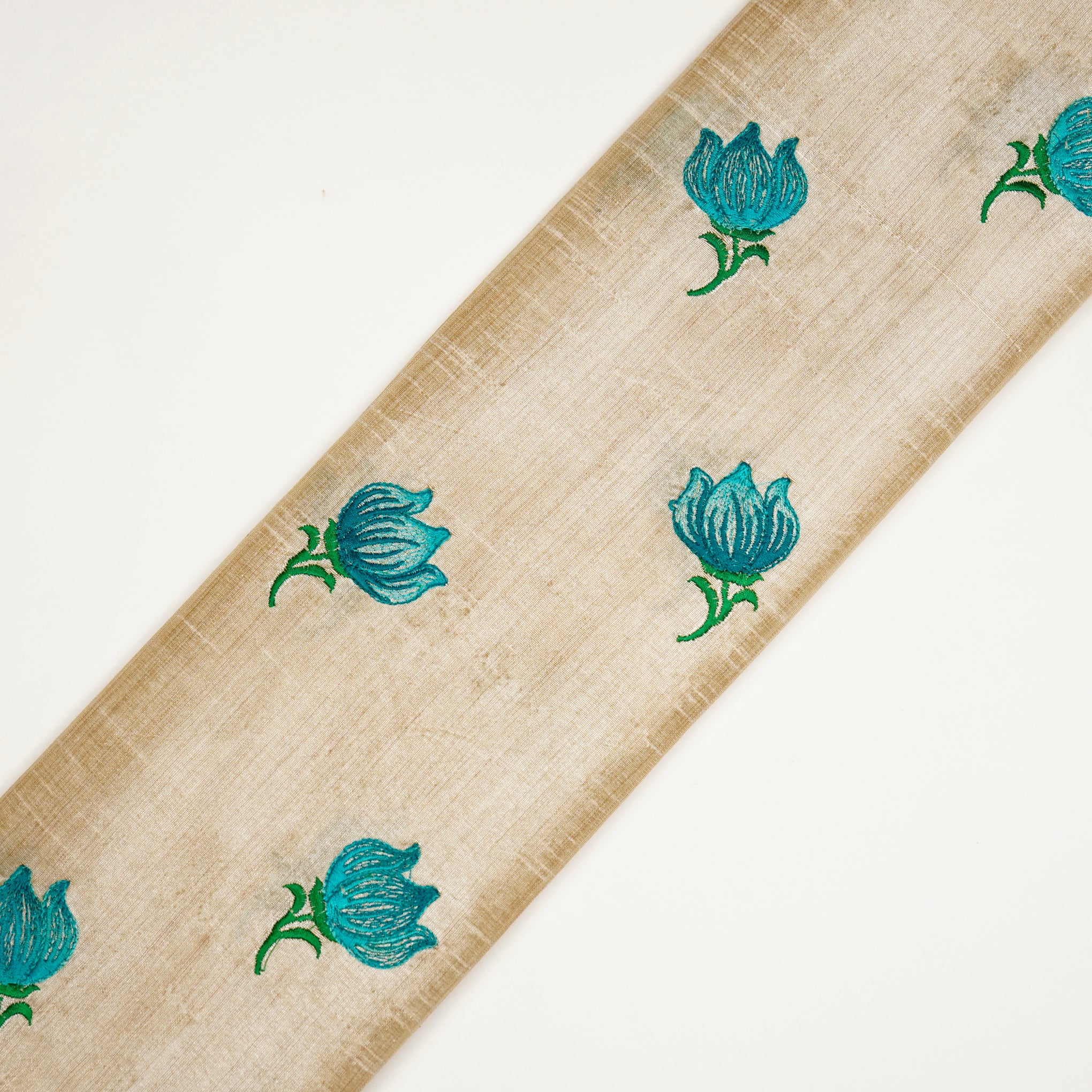Naim Natural/Aqua Viscose Raw Silk Embroidered Fabric in Buta Pattern - Image 4