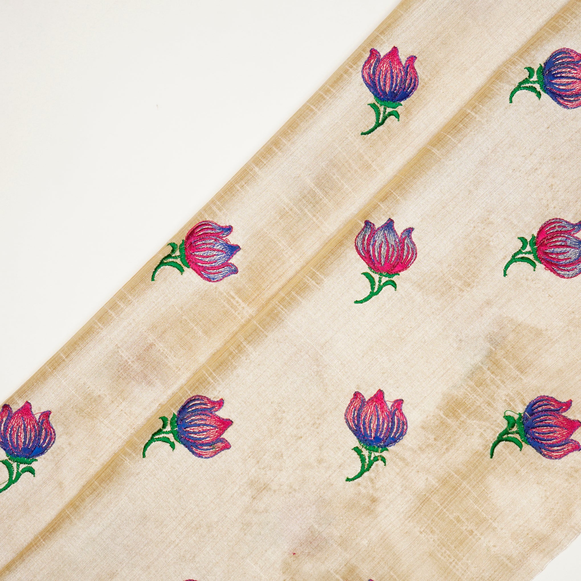 Naim Natural/Blue Viscose Raw Silk Embroidered Fabric in Buta Pattern
