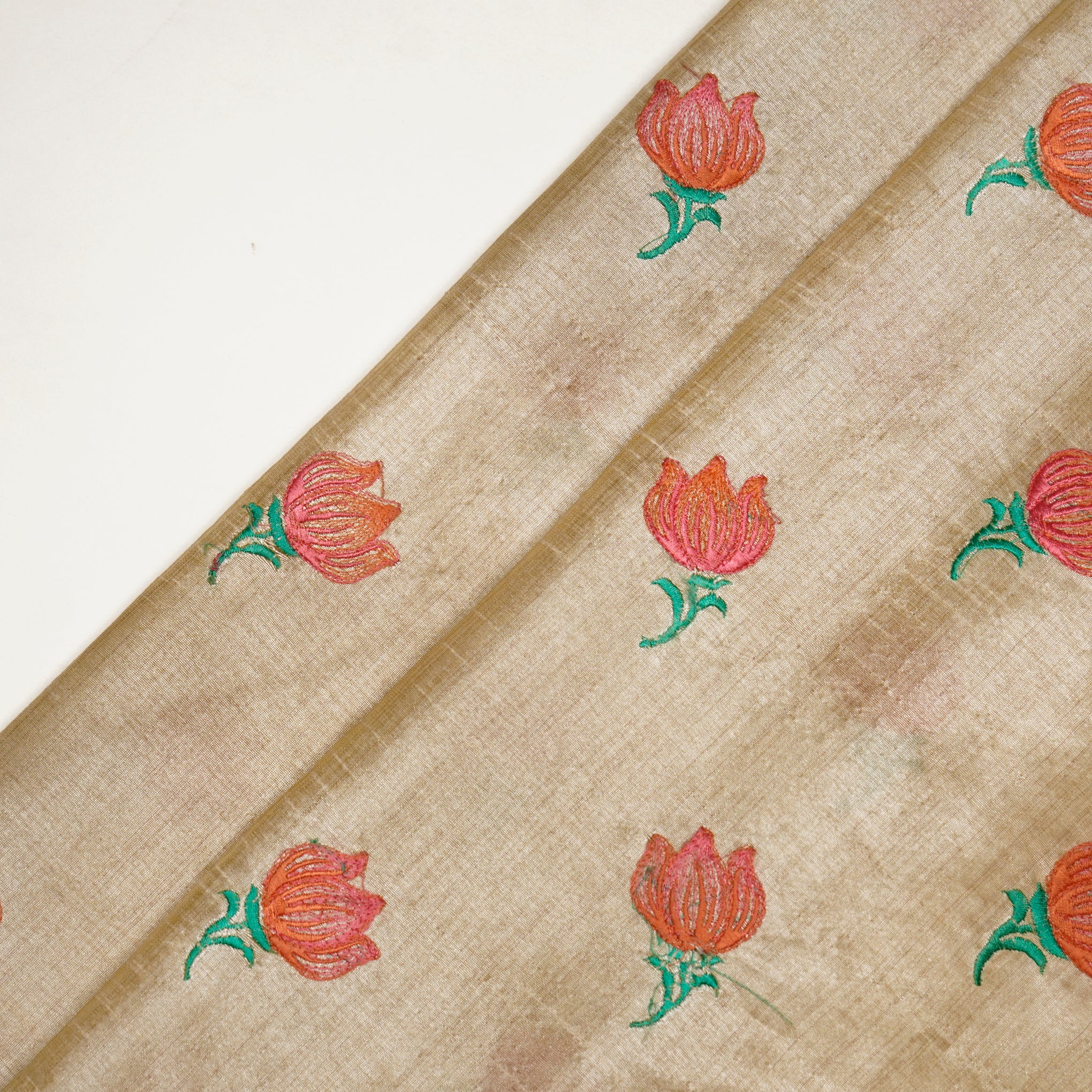 Naim Natural/Peach Viscose Raw Silk Embroidered Fabric in Buta Pattern