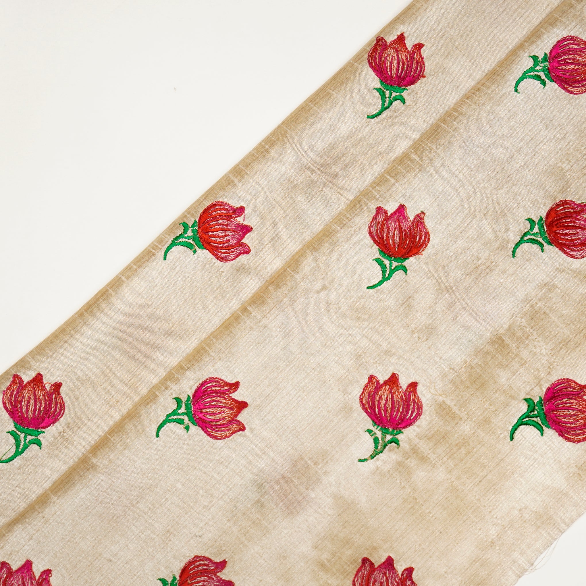 Naim Natural/Red Viscose Raw Silk Embroidered Fabric in Buta Pattern