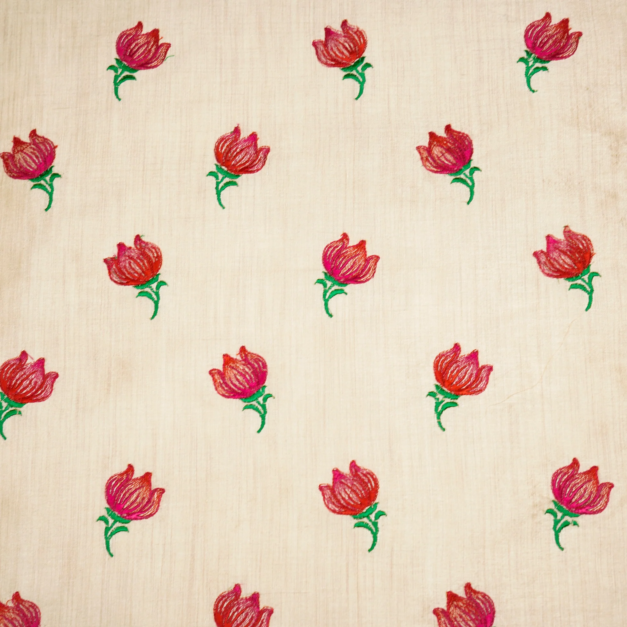 Naim Natural/Red Viscose Raw Silk Embroidered Fabric in Buta Pattern - Image 2