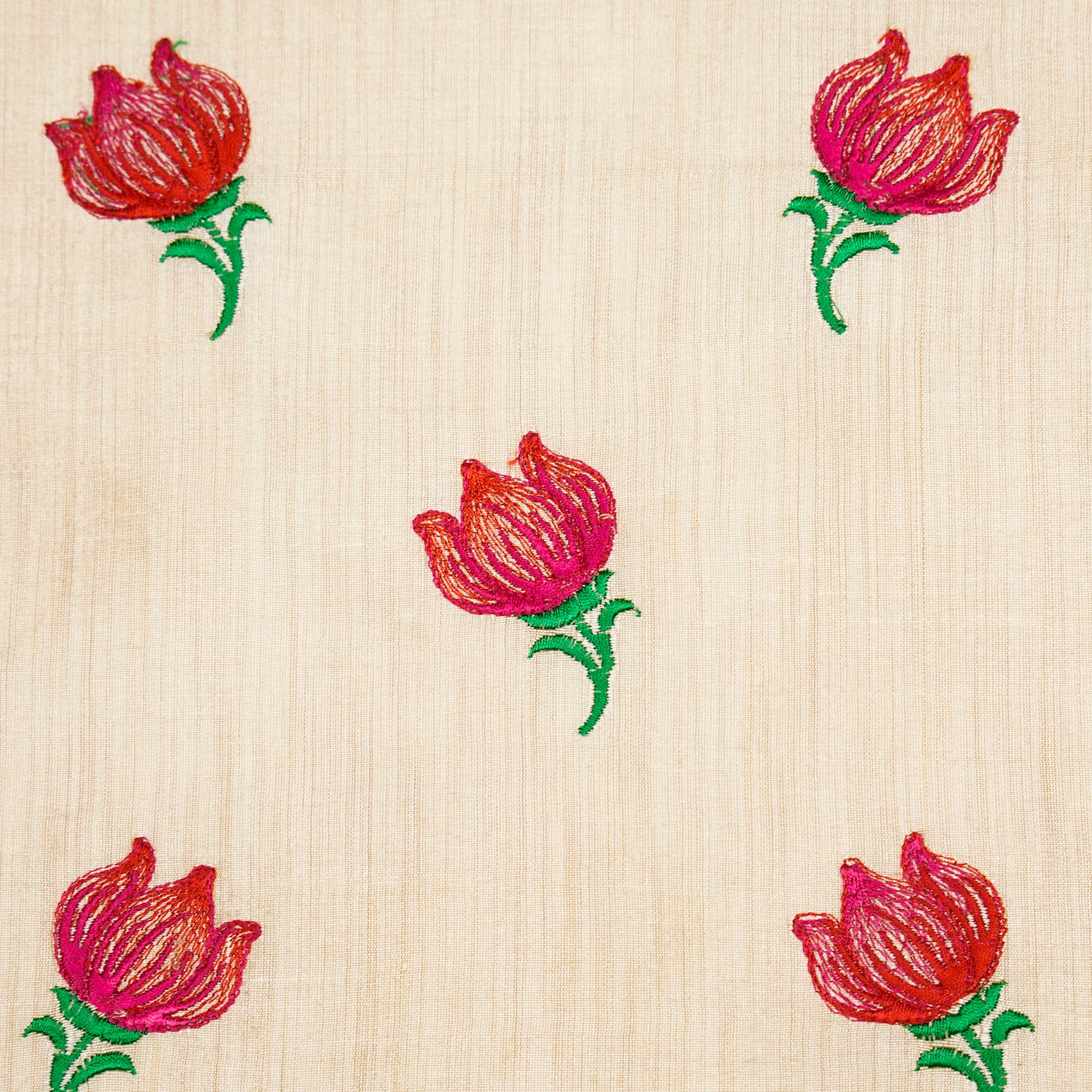 Naim Natural/Red Viscose Raw Silk Embroidered Fabric in Buta Pattern - Image 3