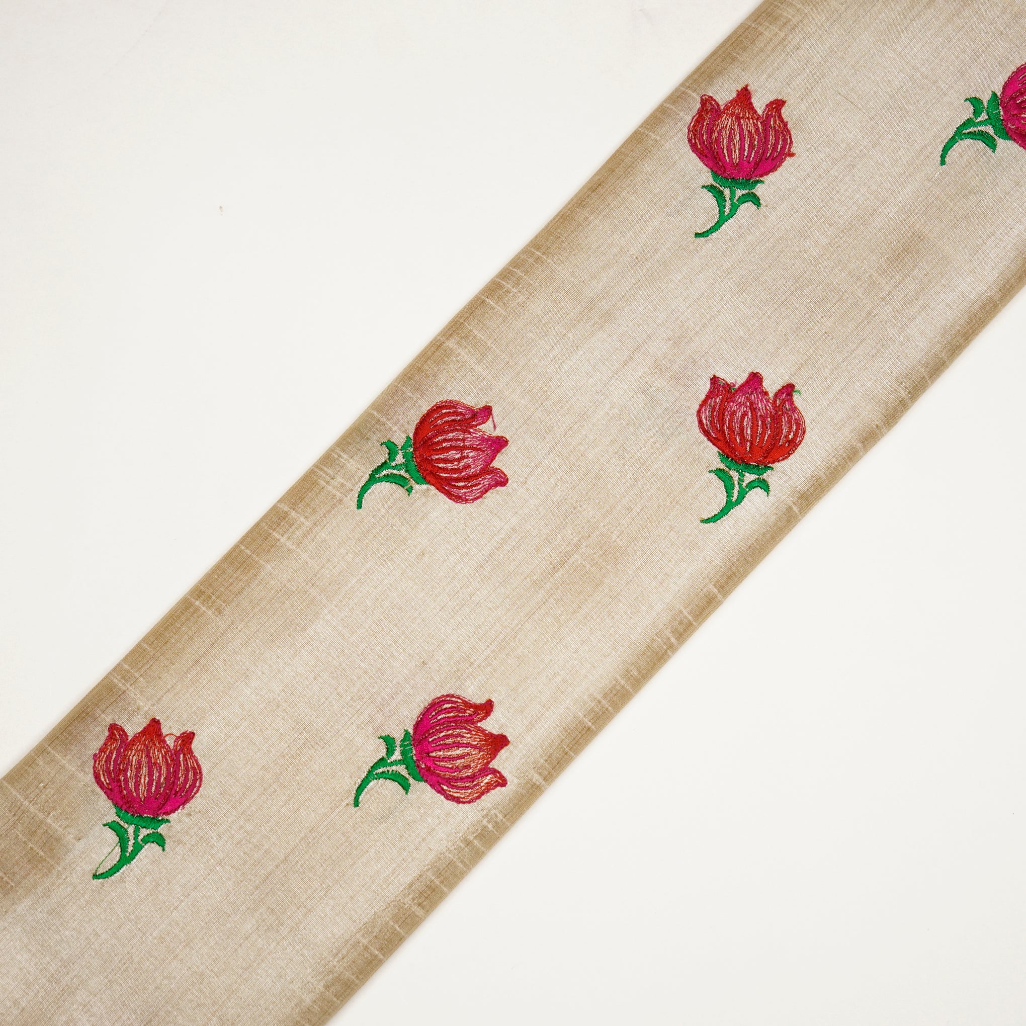 Naim Natural/Red Viscose Raw Silk Embroidered Fabric in Buta Pattern - Image 4
