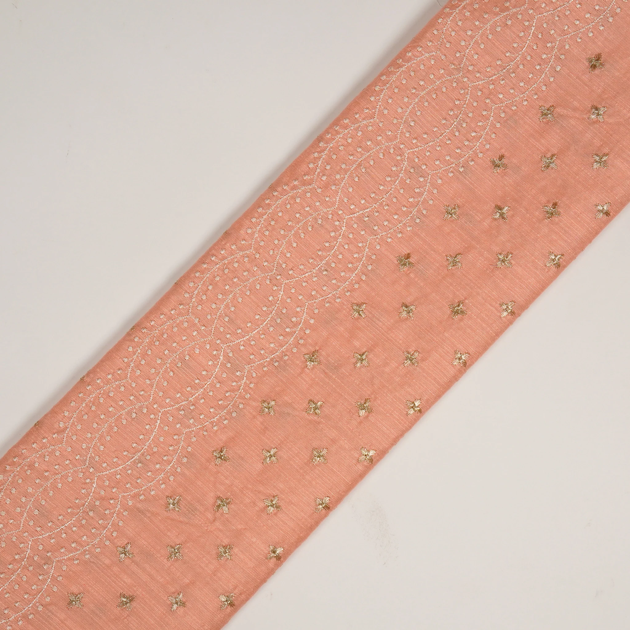 Naira Peach Viscose Raw Silk Embroidered Fabric in Jaal Pattern - Image 4