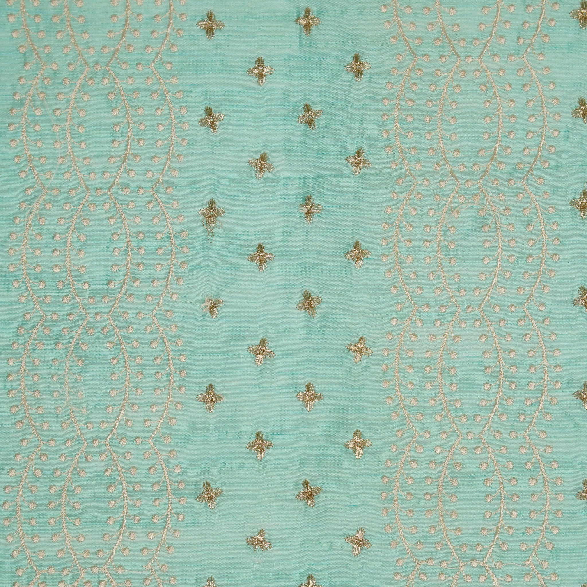 Naira Turquoise Viscose Raw Silk Embroidered Fabric in Jaal Pattern - Image 3
