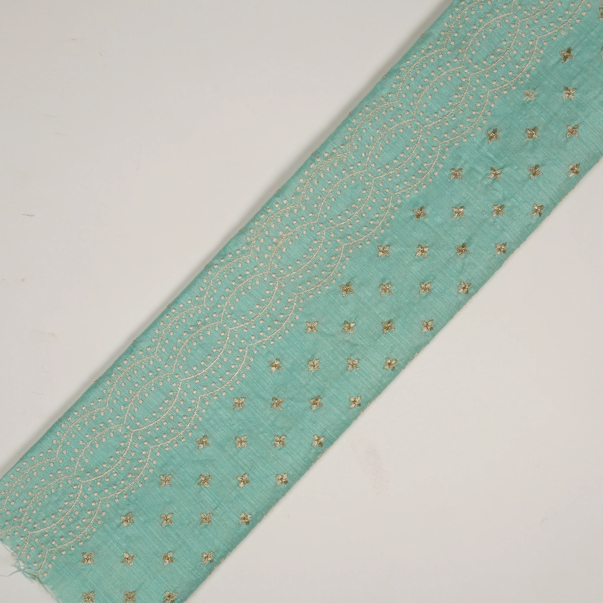 Naira Turquoise Viscose Raw Silk Embroidered Fabric in Jaal Pattern - Image 4