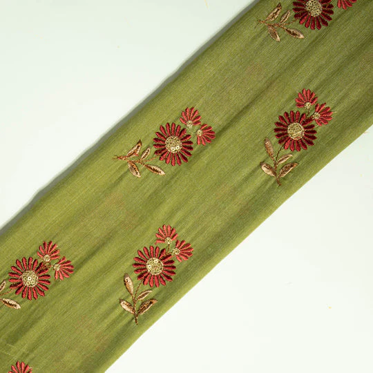 Nazirah Deep Olive Chanderi Embroidered Fabric in Buta Pattern - Image 4