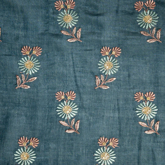 Nazirah Teal Blue Chanderi Embroidered Fabric in Buta Pattern - Image 3