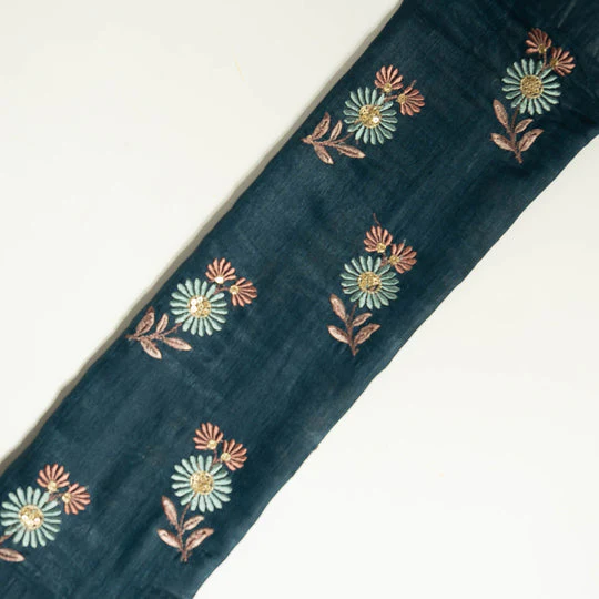 Nazirah Teal Blue Chanderi Embroidered Fabric in Buta Pattern - Image 4
