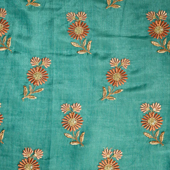 Nazirah Teal Chanderi Embroidered Fabric in Buta Pattern - Image 3
