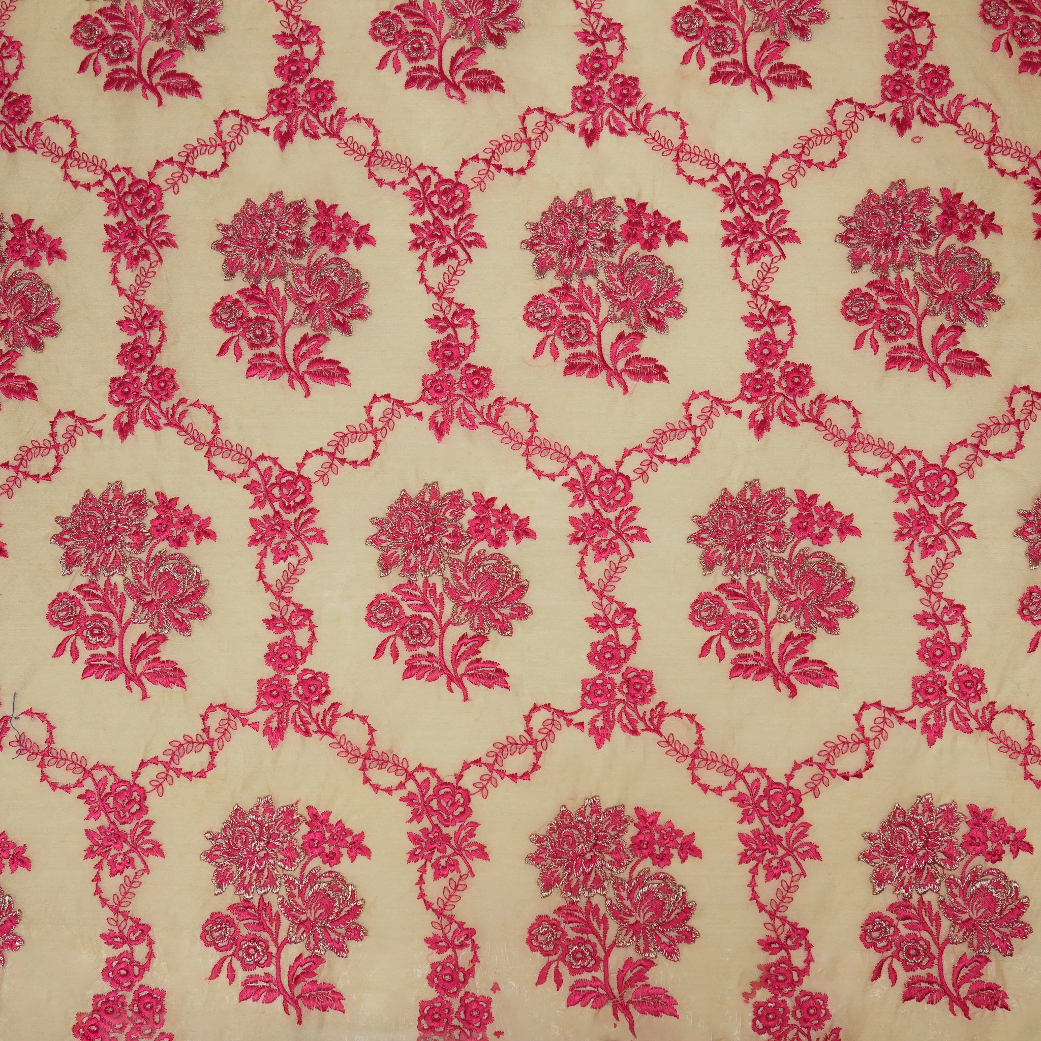 Nurul Beige/Fuxia Chanderi Embroidered Fabric in Jaal Pattern - Image 3