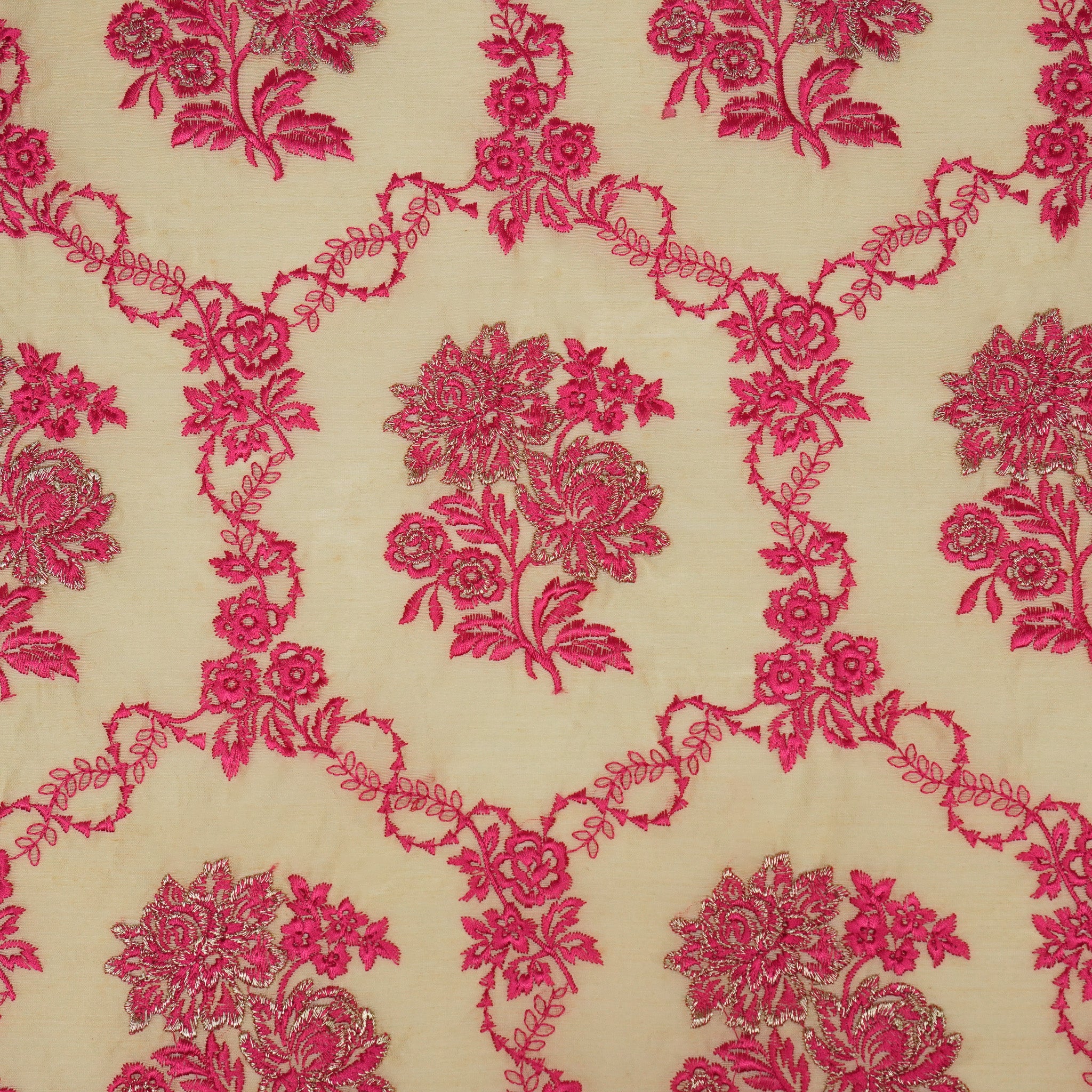 Nurul Beige/Fuxia Chanderi Embroidered Fabric in Jaal Pattern - Image 4