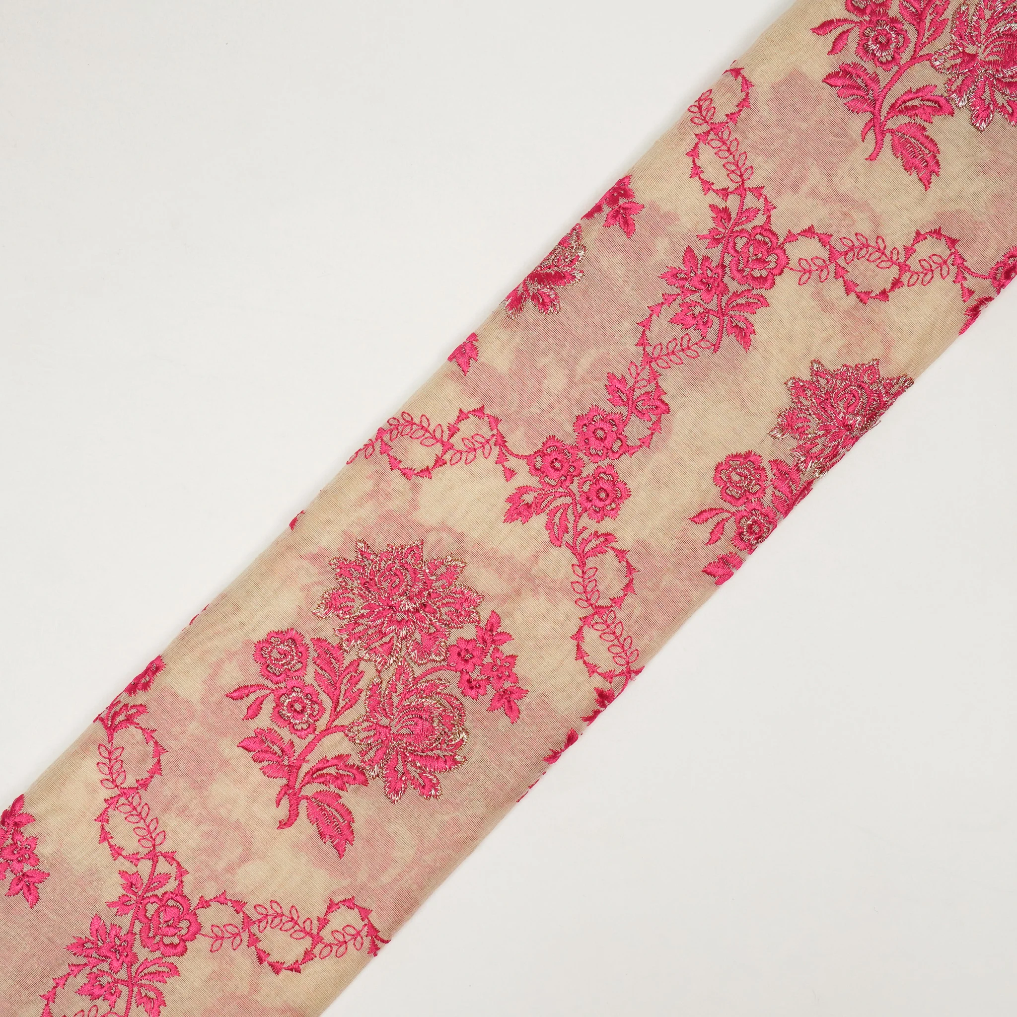 Nurul Beige/Fuxia Chanderi Embroidered Fabric in Jaal Pattern - Image 5