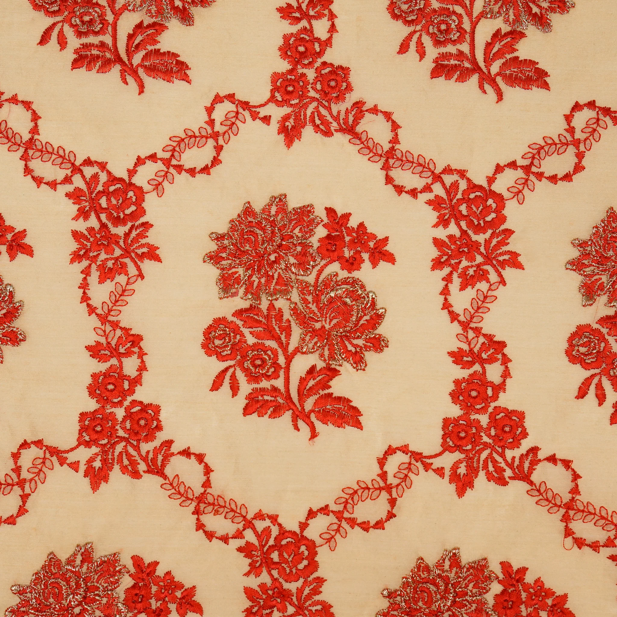 Nurul Beige/Red Chanderi Embroidered Fabric in Jaal Pattern - Image 4