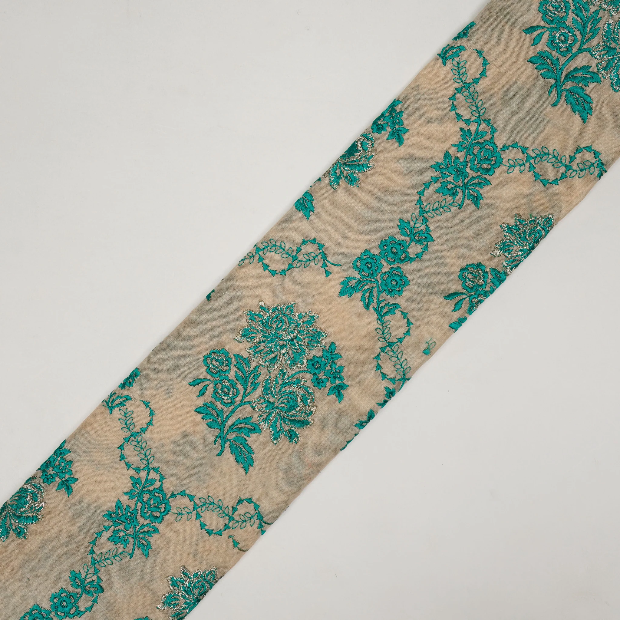 Nurul Beige/Teal Chanderi Embroidered Fabric in Jaal Pattern - Image 5