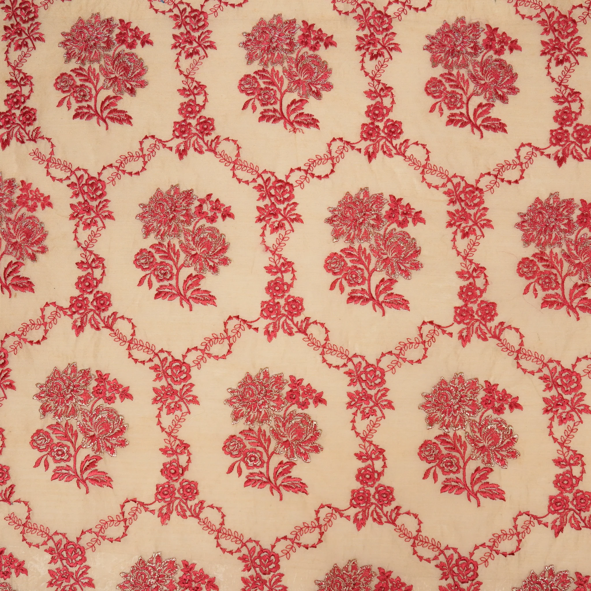 Nurul Beige/Tomato Red Chanderi Embroidered Fabric in Jaal Pattern - Image 3