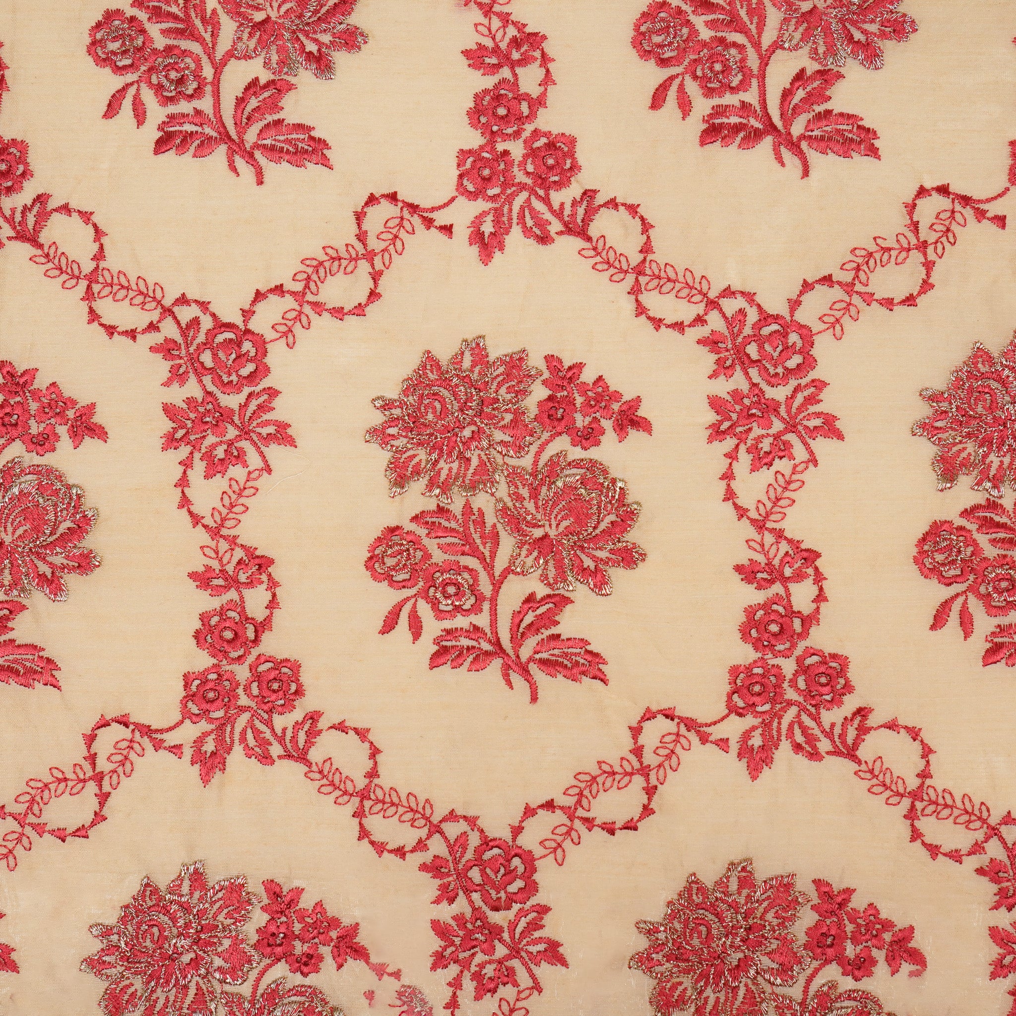 Nurul Beige/Tomato Red Chanderi Embroidered Fabric in Jaal Pattern - Image 4