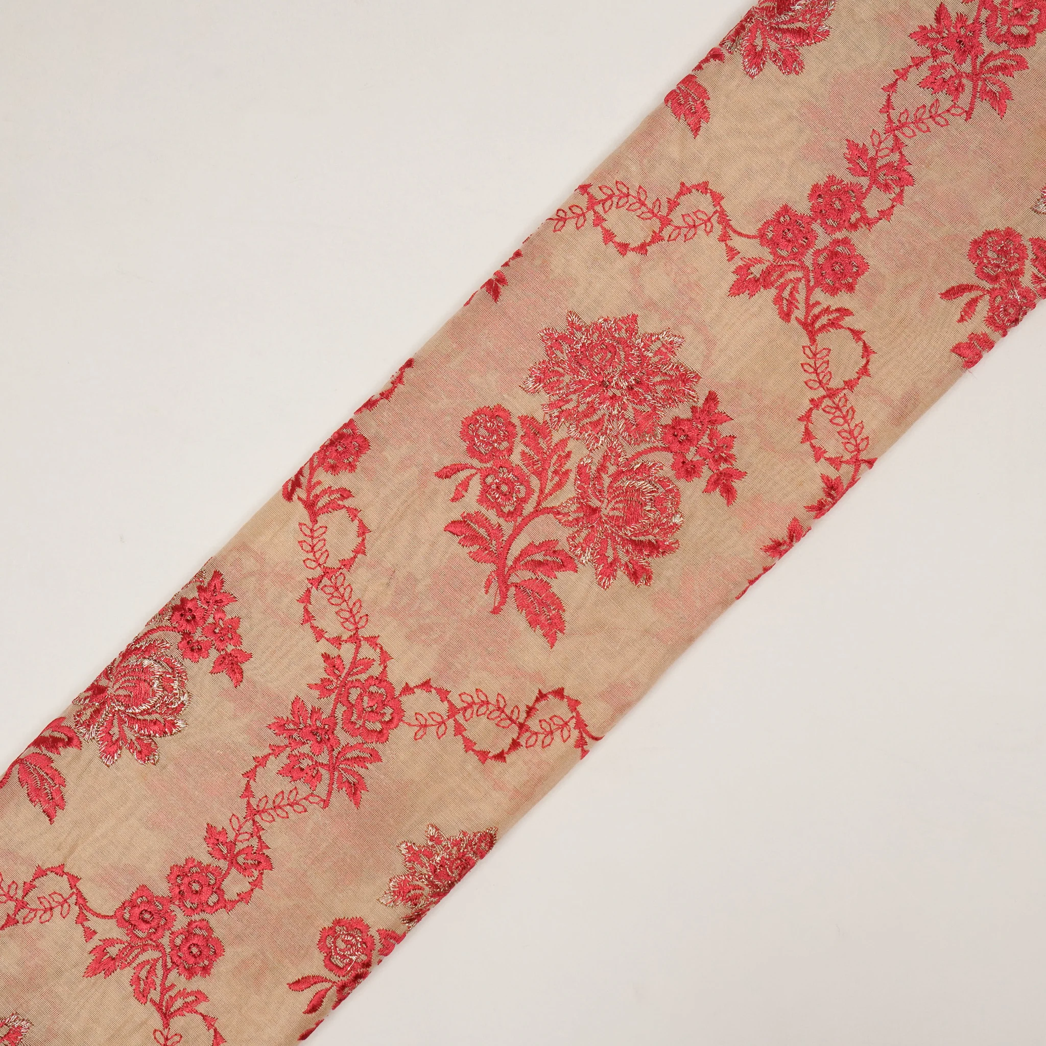 Nurul Beige/Tomato Red Chanderi Embroidered Fabric in Jaal Pattern - Image 5