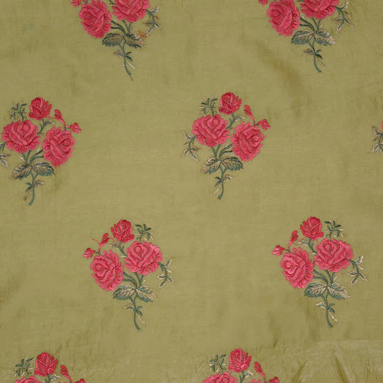 Nuryn Olive Chanderi Embroidered Fabric in Floral Buta Pattern - Image 3