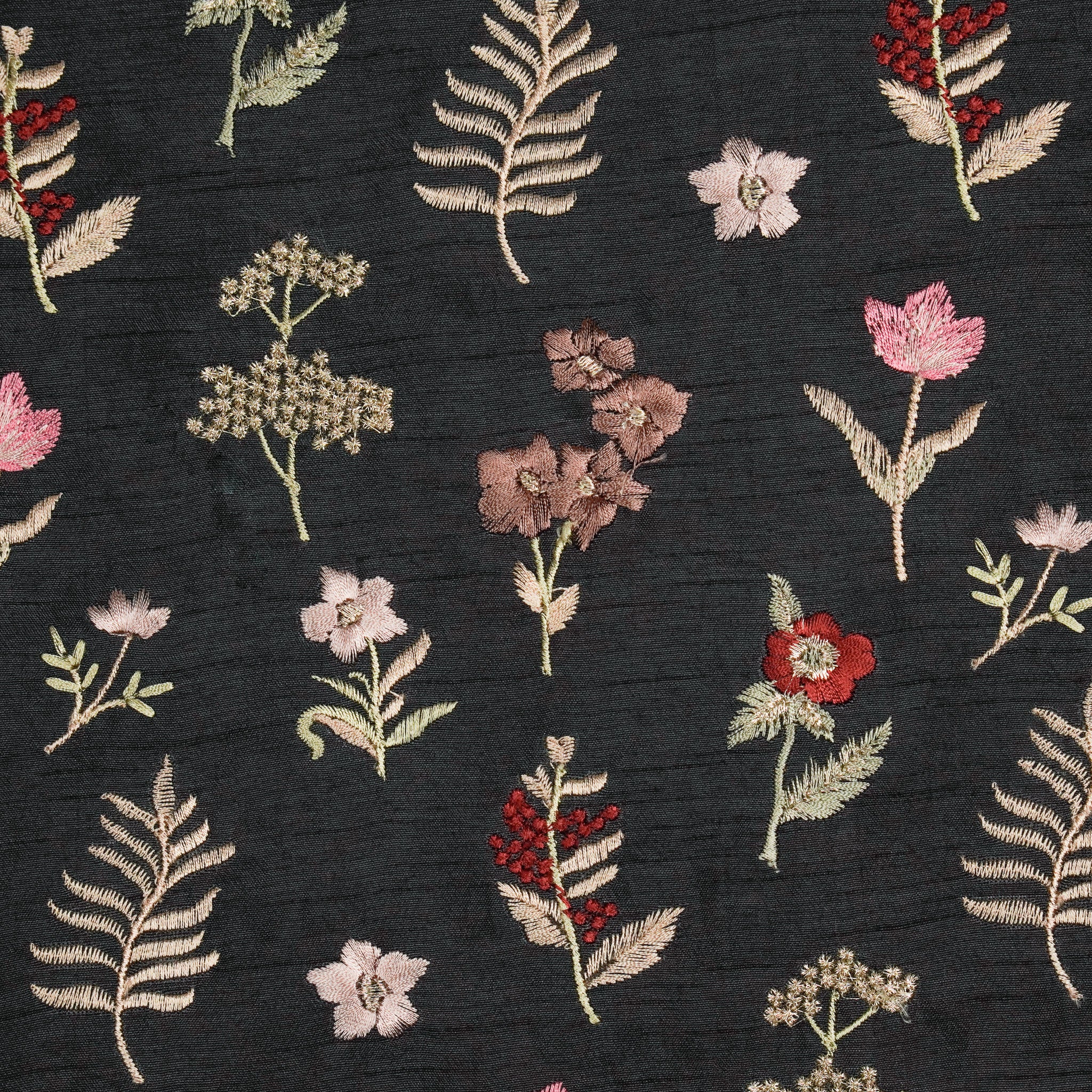 Omera Floral Black Viscose Raw Silk Embroidered Fabric in Tiny Buta Pattern - Image 3