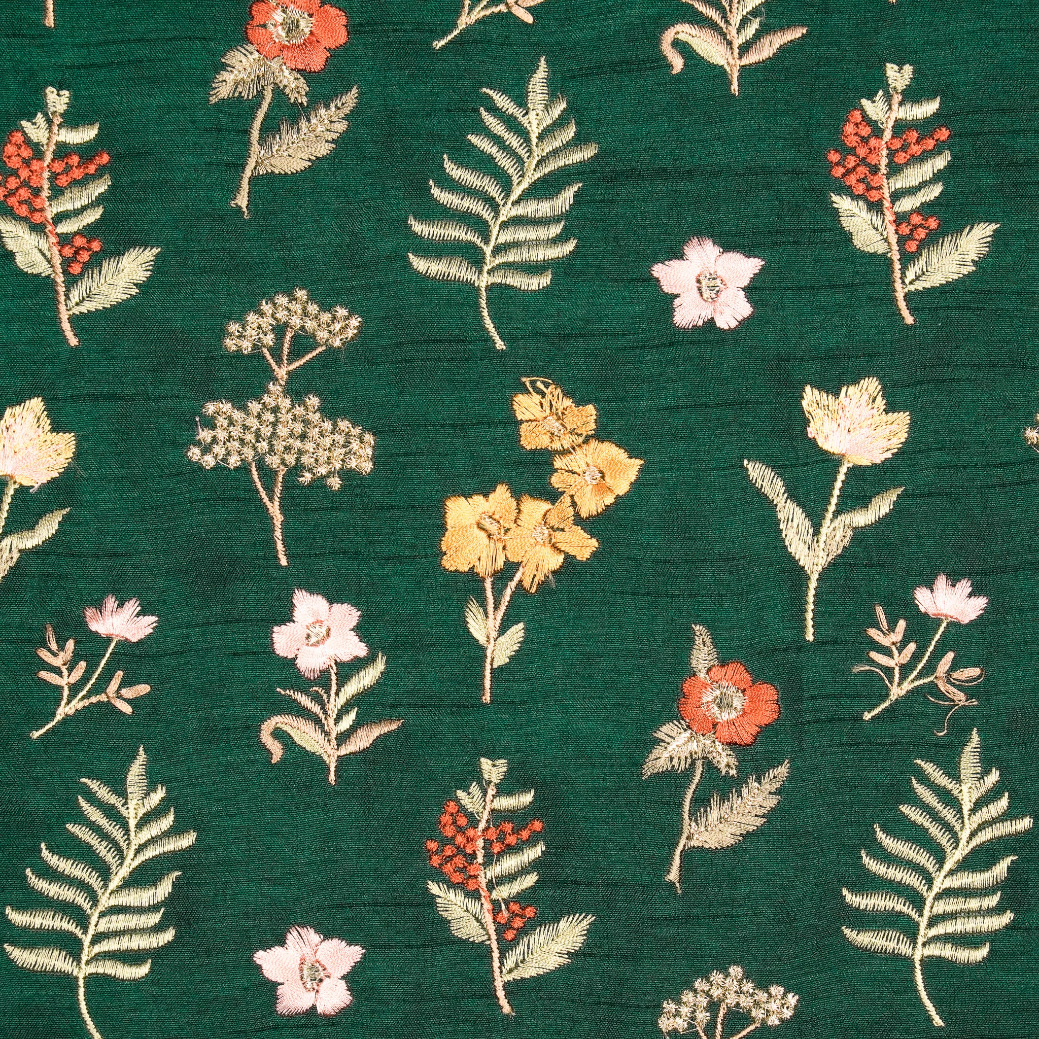 Omera Floral Bottle Green Viscose Raw Silk Embroidered Fabric in Tiny Buta Pattern - Image 3