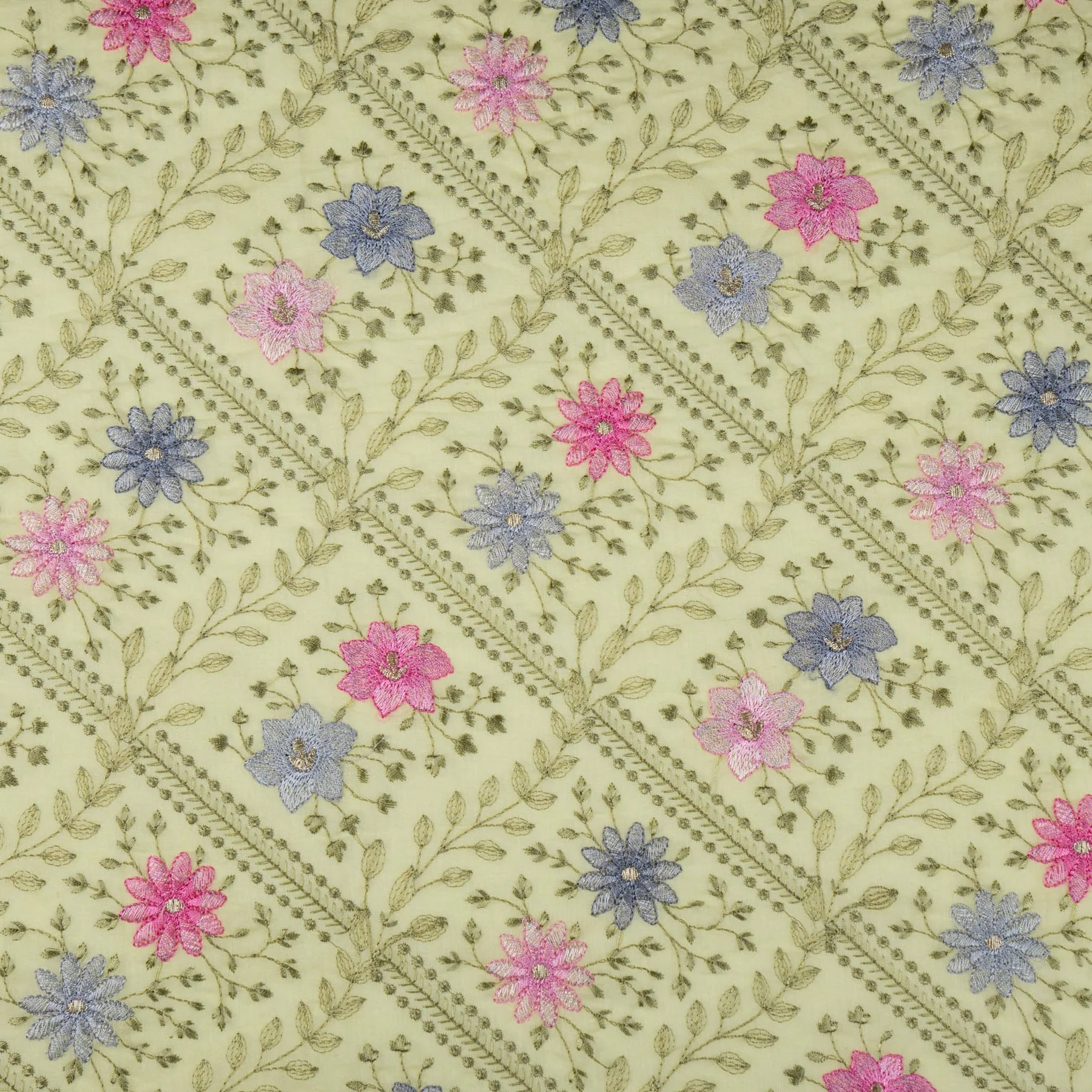 Pariza Lemon Cotton Embroidered Fabric in Jaal Pattern - Image 3