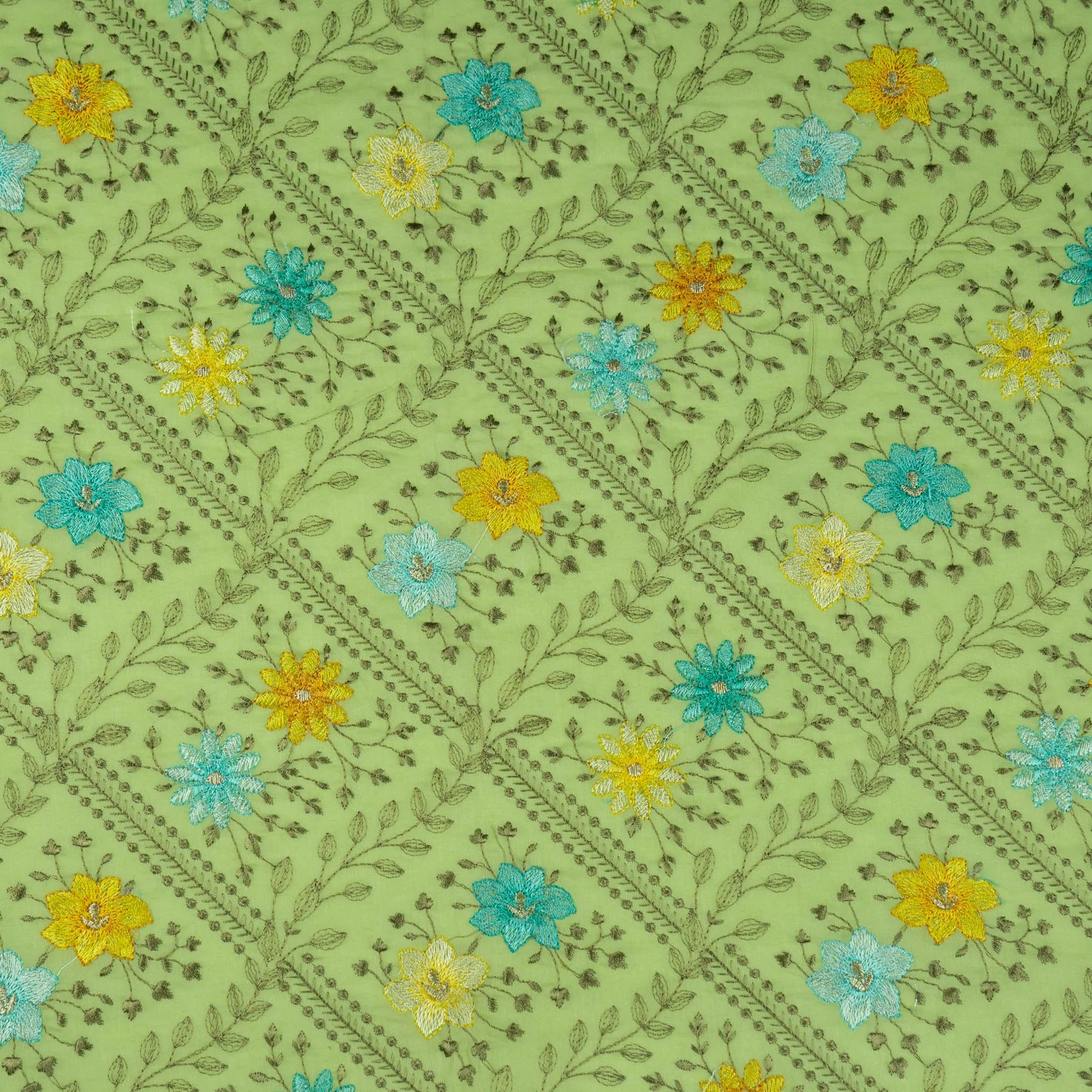 Pariza Pista Green Cotton Embroidered Fabric in Jaal Pattern - Image 3