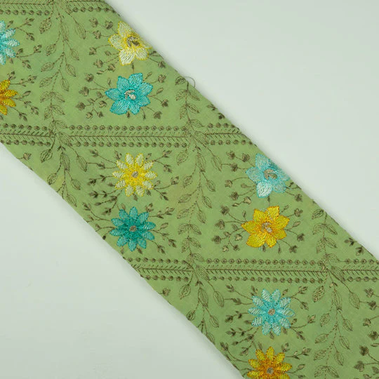 Pariza Pista Green Cotton Embroidered Fabric in Jaal Pattern - Image 4